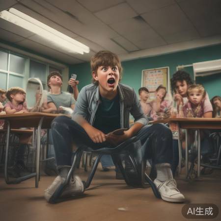 “男孩头卡凳子,安全警示”